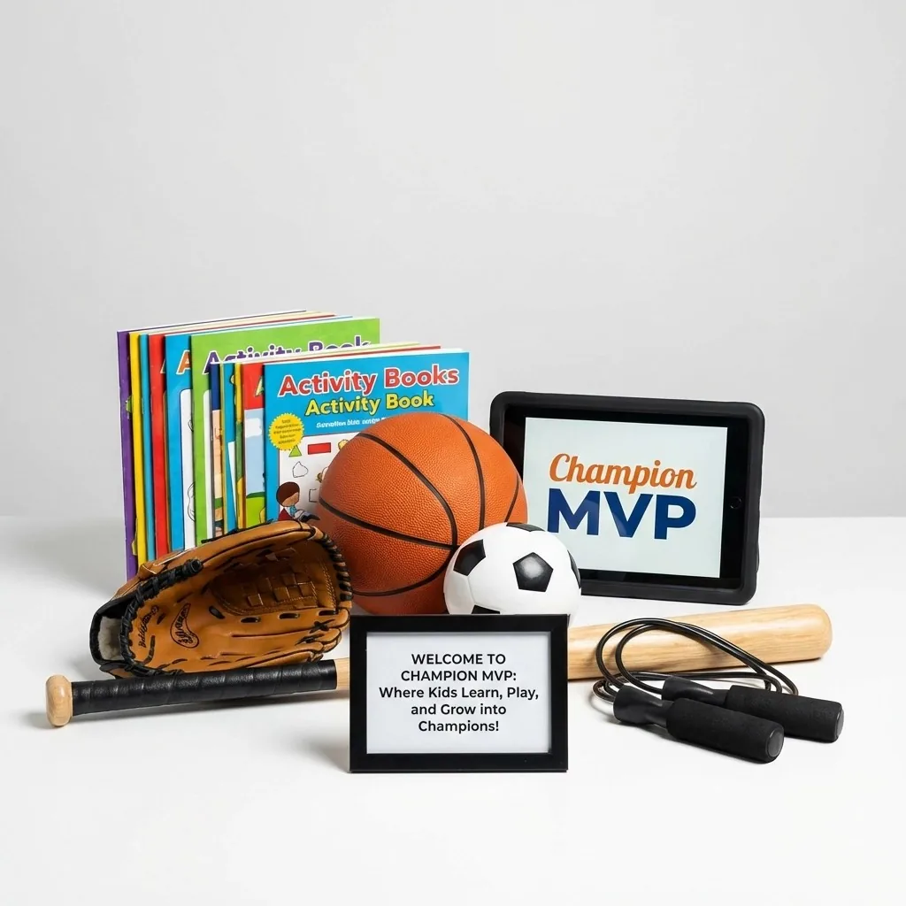 Champion MVP activity books, a branded tablet, a basketball, a soccer ball and a baseball glove on a table