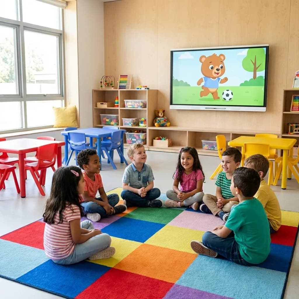 Preschool children sit in a circle on a colorful classroom rug watching a Champion MVP cartoon on a wall screen