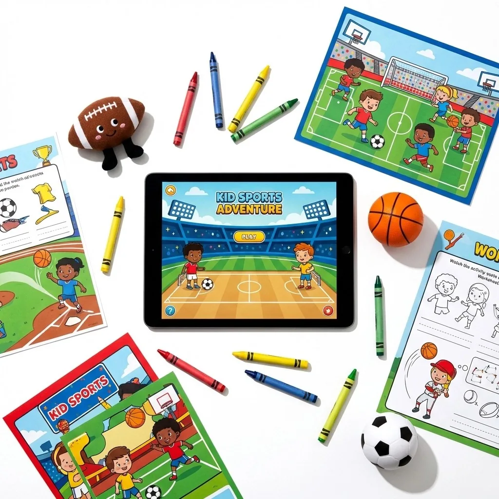 Champion MVP printable sports activity pages, crayons and a tablet showing a kids sports game