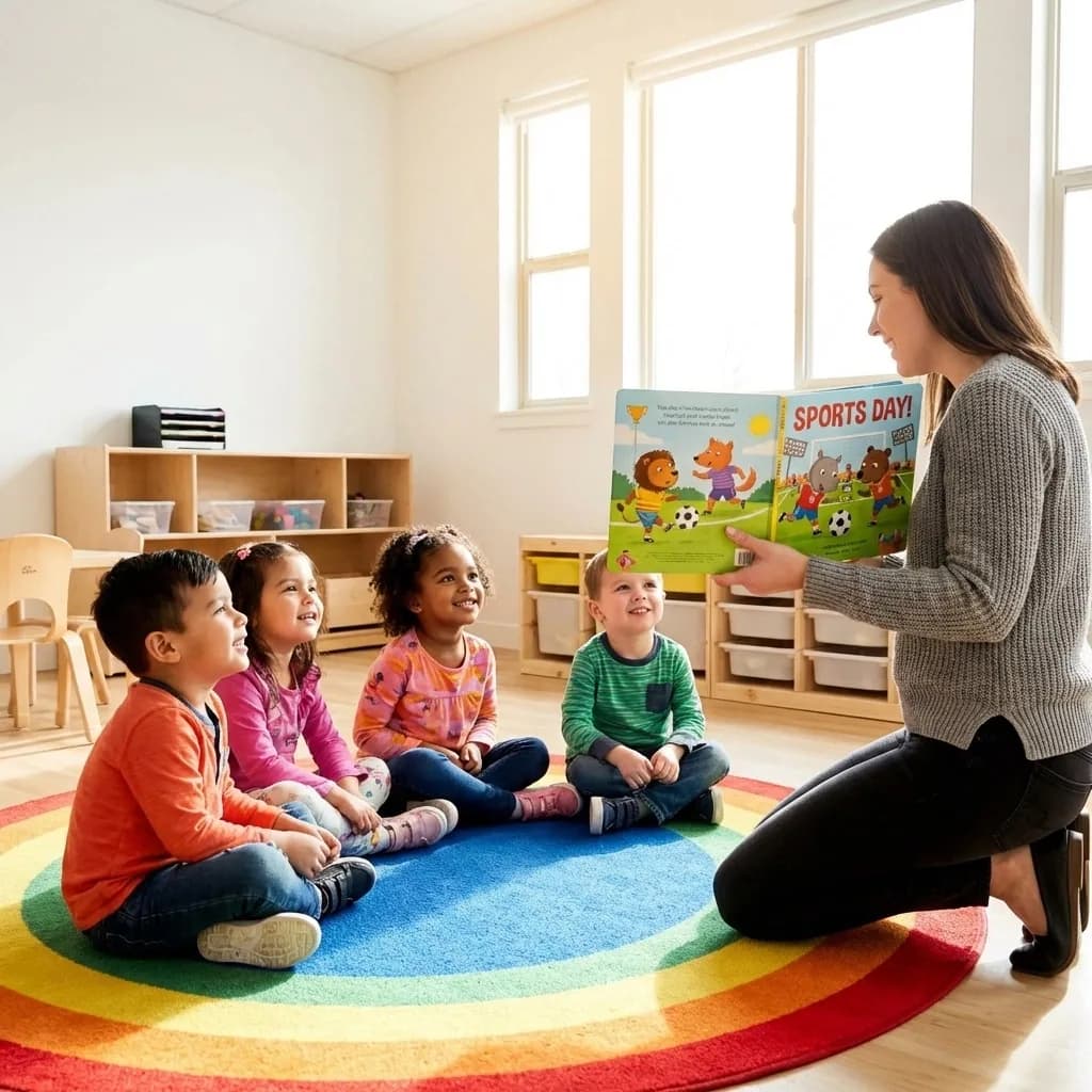 An adult reads a Champion MVP sports storybook aloud to a group of young children sitting on a rainbow rug
